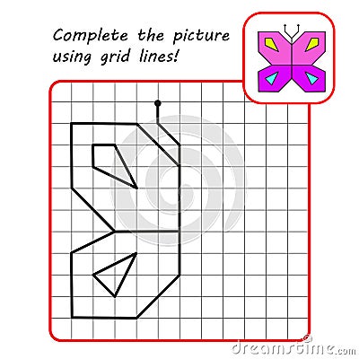 Educational game for kids. Simple exercise. Butterfly drawing using grid. Vector Illustration